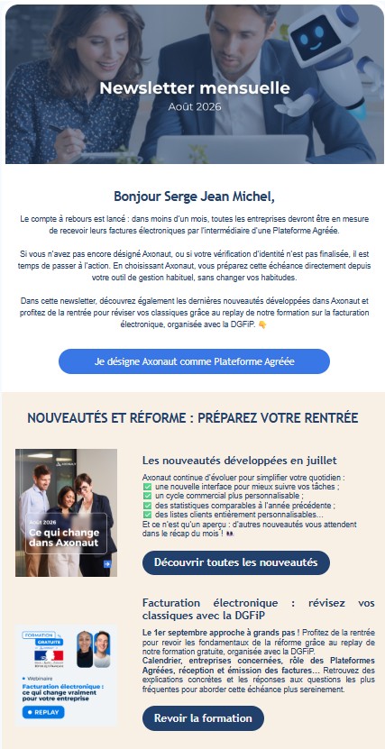 Première partie de la newsletter mensuelle Axonaut d’août 2026